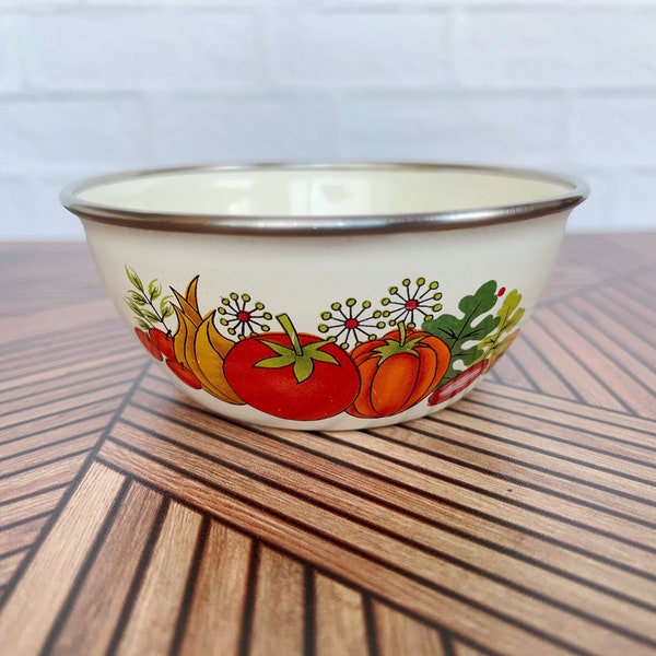 Small Enamel Bowl, Produce Imagery, Tiny Vintage Bowl, Tomato, Pumpkin, Onion, Enamelware bowl, Trinket Bowl, Berry Bowl
