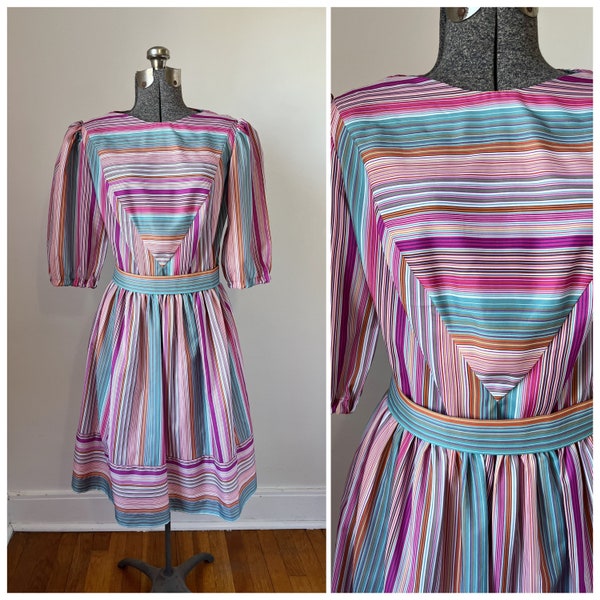 Colorful striped dress, lightweight spring dress, magenta orange aqua, rainbow stripe, blouson sleeve, geometric stripe shape,