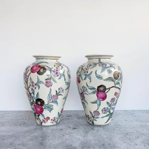 Vintage Chinoiserie Vase, Cherry Blossoms and Plums, WBI Chinese Chinoiserie, Enameled Porcelain Mantel Urn Vase, Textured, Raised Flowers