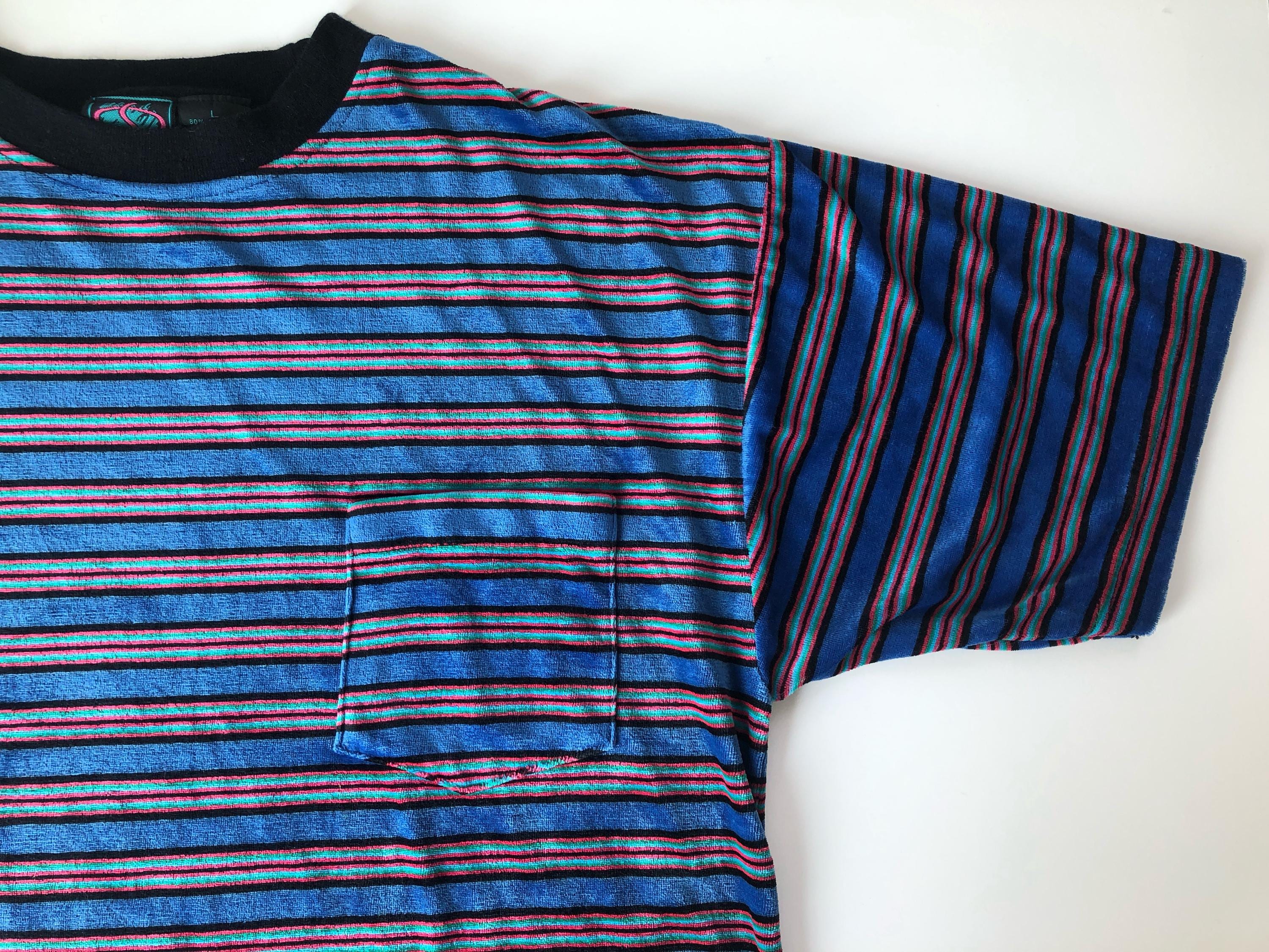 Mens 90s Velour Santa Shirt, Large, Striped Pocket Tee, Short