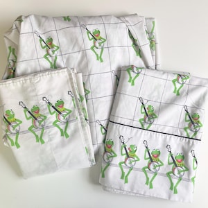 Zestaw pościeli Vintage Martex Banjo Kermit The Frog Twin, płaska poszewka na poduszkę, Muppety z 1980 roku, Jim Henson