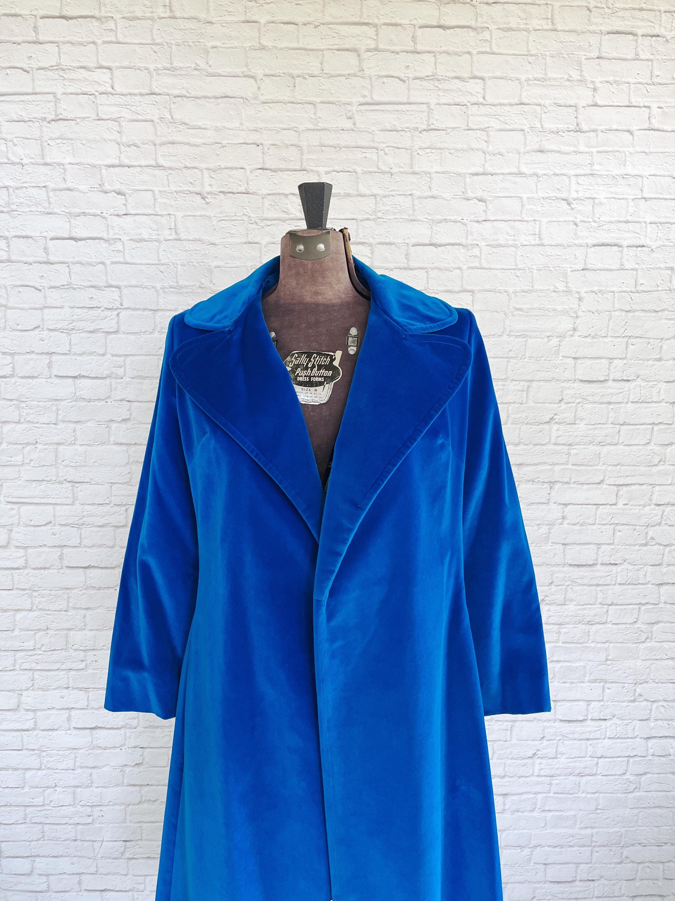 Cobalt Velvet Overcoat, Mod Vintage Overcoat, Bright Blue Open