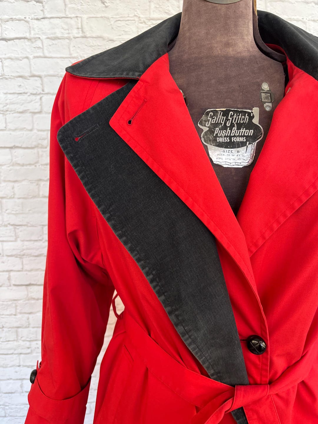 London Fog Red Maincoat, Trench Coat With Black Corduroy Collar