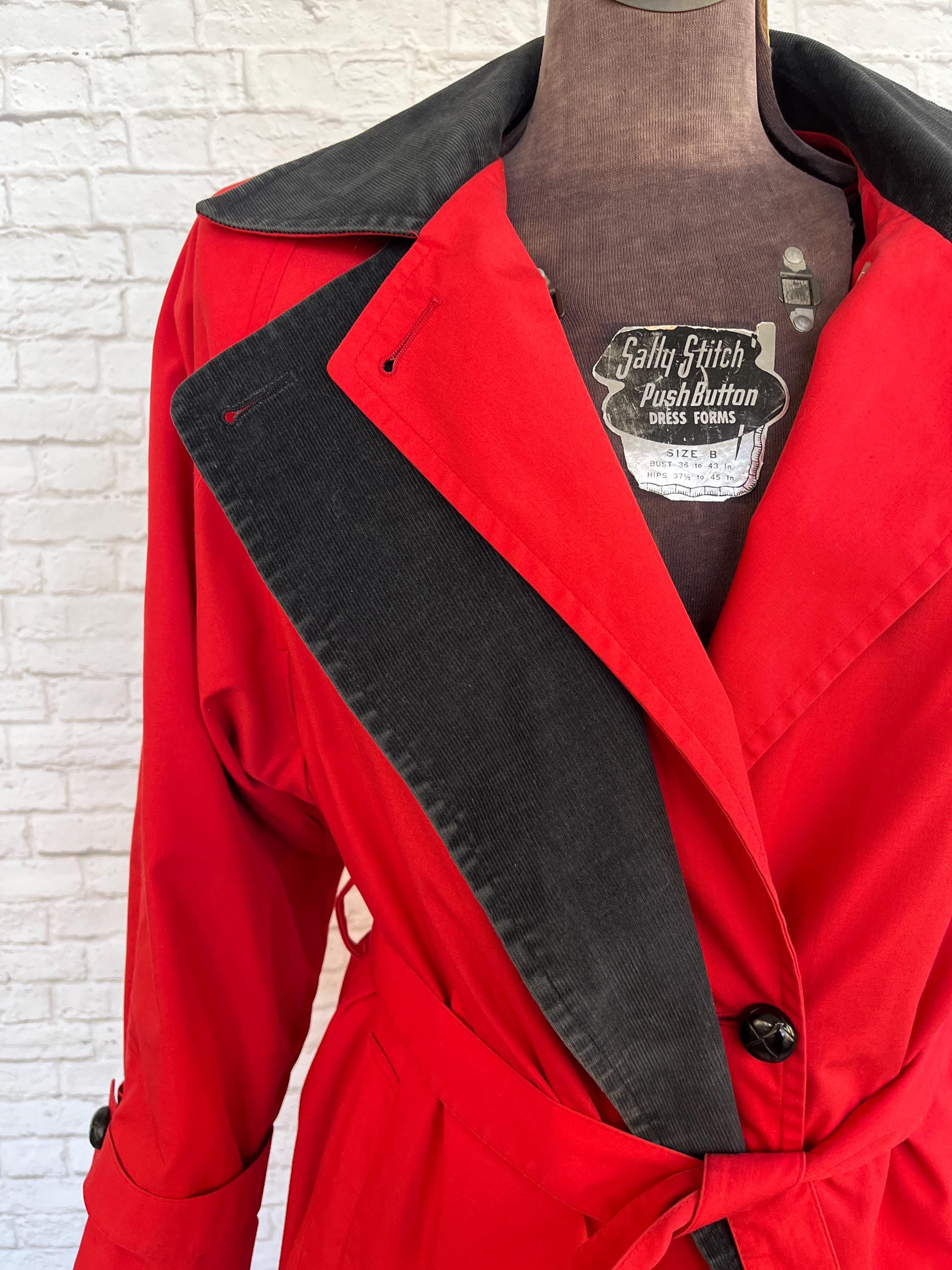 London Fog Red Maincoat, Trench Coat With Black Corduroy Collar
