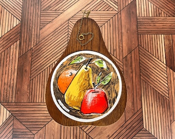 Salvamanteles vintage Fred Press con forma de pera, bandeja para queso, forma de pera, madera seca, decoración Fred Press de mediados de siglo, manzana, pera, naranja, Día de Acción de Gracias