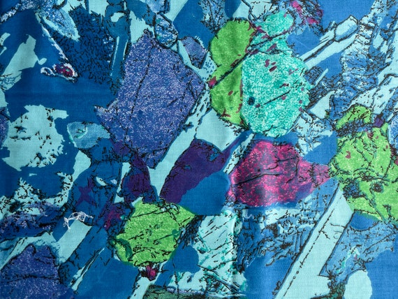 Vintage fabric, Moonrocks, decorator fabric, blue green, 60s 70s, sewing material, DIY sew, woven chintz, MCM screen print, gemstone, decor