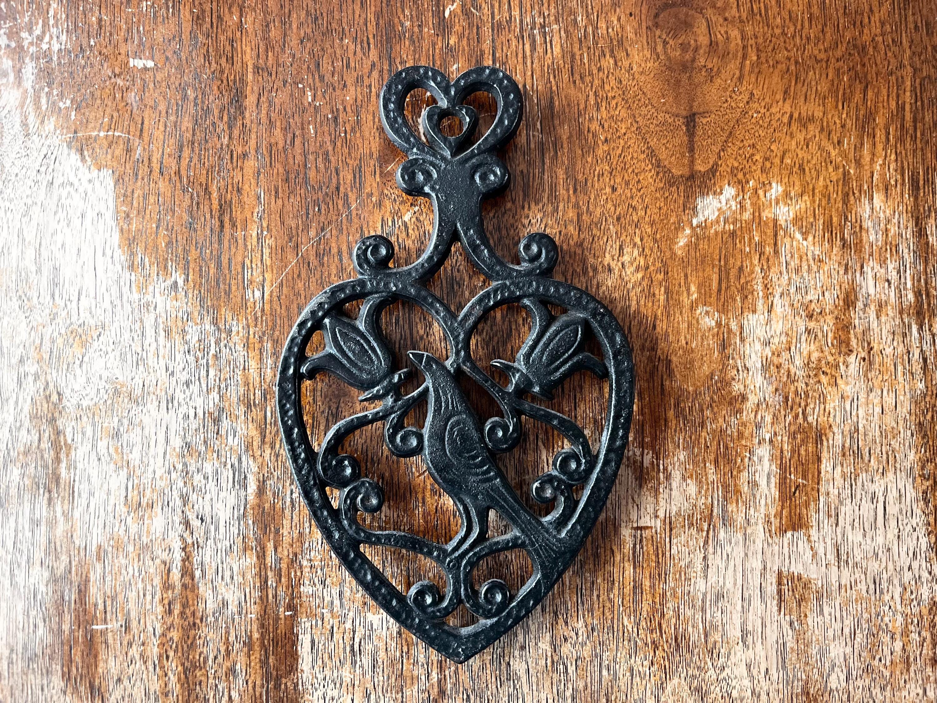 Vintage Cast Iron Heart-shaped Love Bird & Tulip Trivet, Hot Pad