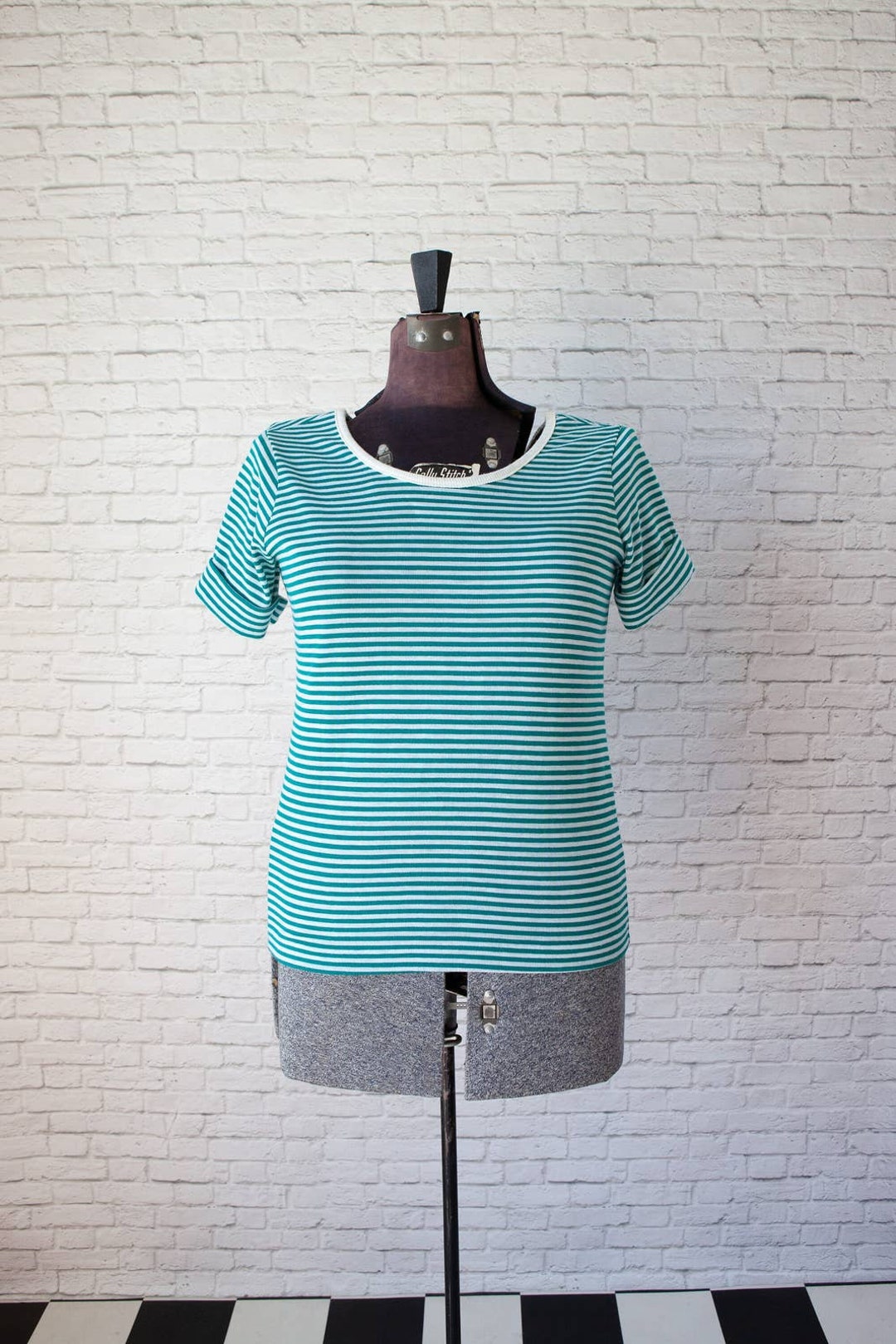 Teal Stripe Shirt, Vintage Teal and White Striped Vback Top, Stripe