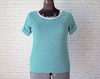 teal stripe shirt, vintage teal and white striped v-back top, stripe pullover, turquoise short sleeve, stripe stretchy v-back, casual knit