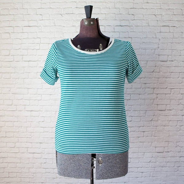 teal stripe shirt, vintage teal and white striped v-back top, stripe pullover, turquoise short sleeve, stripe stretchy v-back, casual knit