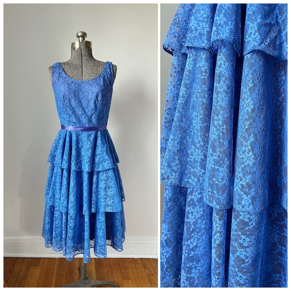 Blue Party Dress, Vintage Blue Lace, Tiered Layer Lace Dress, Sleeveless Scoop Neck Dress, Royal Blue, Vintage prom dress, Blue Princess
