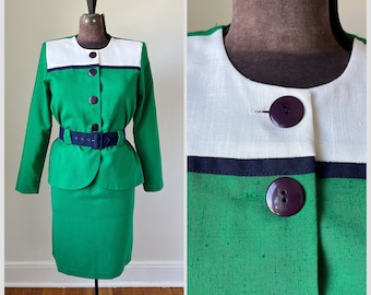Colorful Skirt Suit, Vintage Skirt Suit, Vibrant 1980s Suit, Bold skirt suit, Kelly Green, Pencil Skirt, Blazer with Belt, Bedford Fair