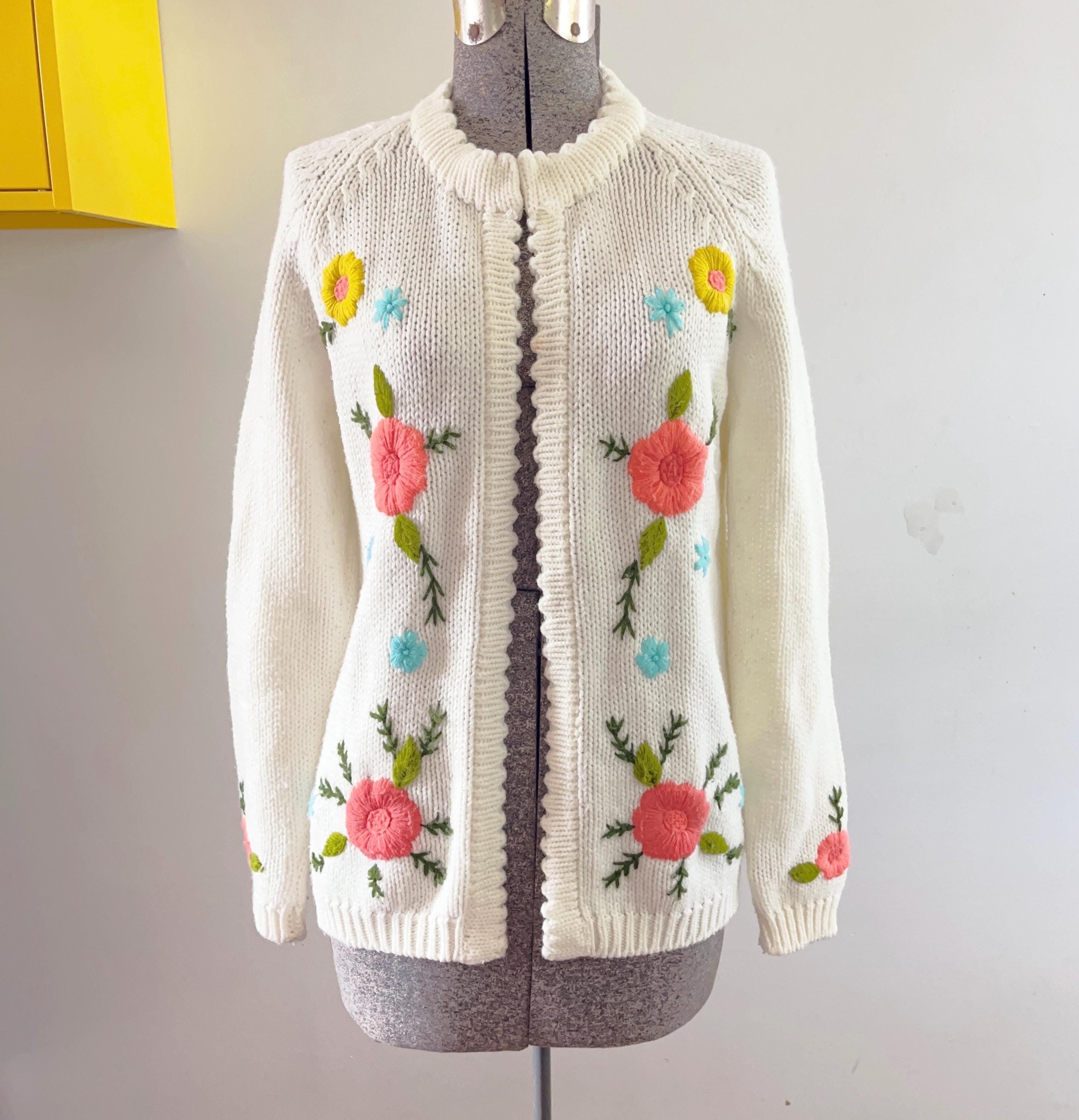 Floral Embroidered Open Cardigan, Vintage 60s 70s Yarn Flowers