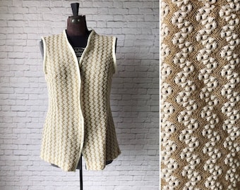 vintage pointelle gold vest, pointelle knit, sleeveless tunic, metallic sweater, open front, shimmer knit, gold and cream zig zag pattern
