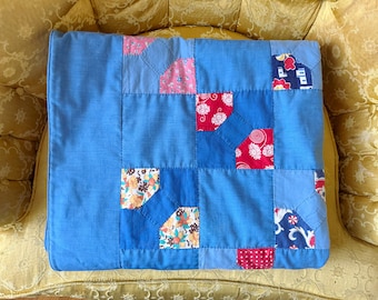 Vintage Blue Bowtie Variation Quilt, Small quilt, patchwork quilt, colorful accents, quilt throw, vintage patchwork, handmade