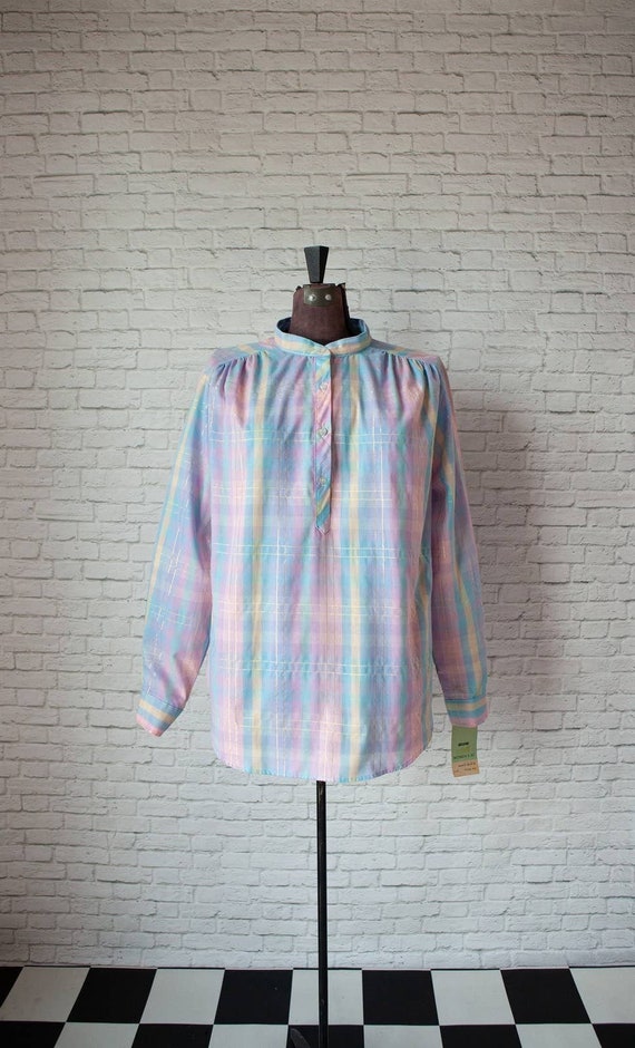 Pastel plaid top, Plus Size 42, NOS, quarter butto