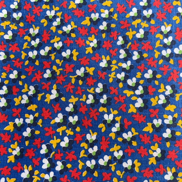 vintage fabric, primary color floral, blue, red, yellow, green, daisy, small print, sewing material, retro dress fabric, sew DIY, colorful