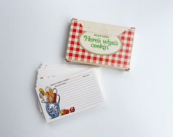 Here's whats cookin' recipe cards, 3 x 5 inch index cards, Vintage Kitchen design, Cooking utensils, Onion and Peppers, recipe file card