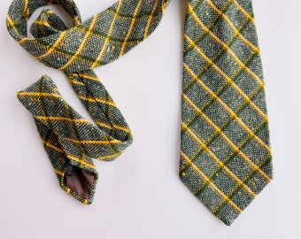 Speckled Plaid Necktie, Speckled Plaid Textured tie, Vintage Plaid Tie, Green and Yellow, acrylic cotton blend textured tie, wide tie,