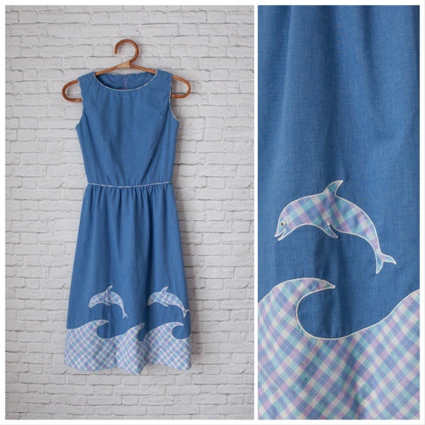 Dolphins dress, vintage sleeveless, Womens size XS, 60s 70s, Blue, plaid appliqués, fitted dress, ocean themed dress, beach dress, applique