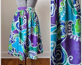 Vibrant circle skirt, Abstract Swirl Pattern, Blue Purple and Green, 30" waist Bright Vintage Skirt, Colorful Spring Skirt, multi-colored