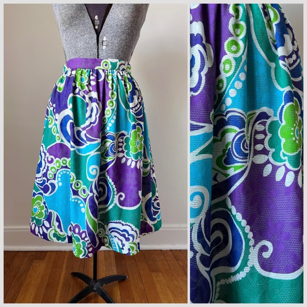 Vibrant circle skirt, Abstract Swirl Pattern, Blue Purple and Green, 30" waist Bright Vintage Skirt, Colorful Spring Skirt, multi-colored