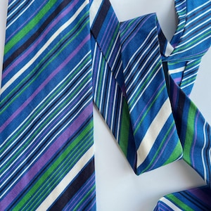 Bright Striped Neck Tie, Vintage Colorful Tie, multi-colored diagonal stripe, colorful vintage tie, blue purple green, Cotton, Cotton Blend,
