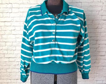 Top de terciopelo a rayas verde azulado, estilo polo, manga larga con botones, Liz Sport Petites, talla pequeña, jersey vintage estilo polo, top corto