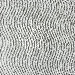 Könnte beinhalten: Eine weiße Textiloberfläche mit einem dichten, sich wiederholenden Muster aus vertikalen, wellenförmigen, erhabenen Rippen. Das Material hat eine weiche, geschlungene Textur ähnlich wie Frottee, wobei Licht und Schatten einen rhythmischen Effekt erzeugen.