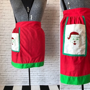 Vintage Weihnachtsmannschürze, Weihnachtsschürze, gestickte Weihnachtsmannschürze, rote und grüne Schürze, rote halbe Schürze, Weihnachtstaschenschürze, glücklicher Weihnachtsmann