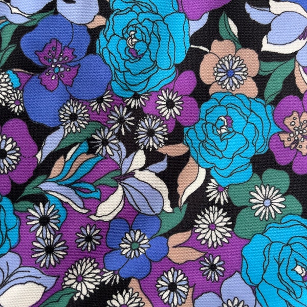 Bright floral vintage fabric, Couleur International, Gallery Division, blue purple, polyester knit, sewing material, mod flowers, dress