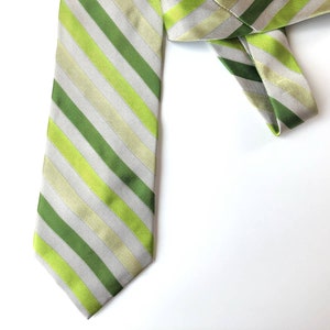 Green stripe tie, Silk necktie, diagonal stripe tie, pea green, lime green, green vintage silk, AJ August Menswear of Cedar Falls