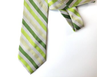 Green stripe tie, Silk necktie, diagonal stripe tie, pea green, lime green, green vintage silk, AJ August Menswear of Cedar Falls