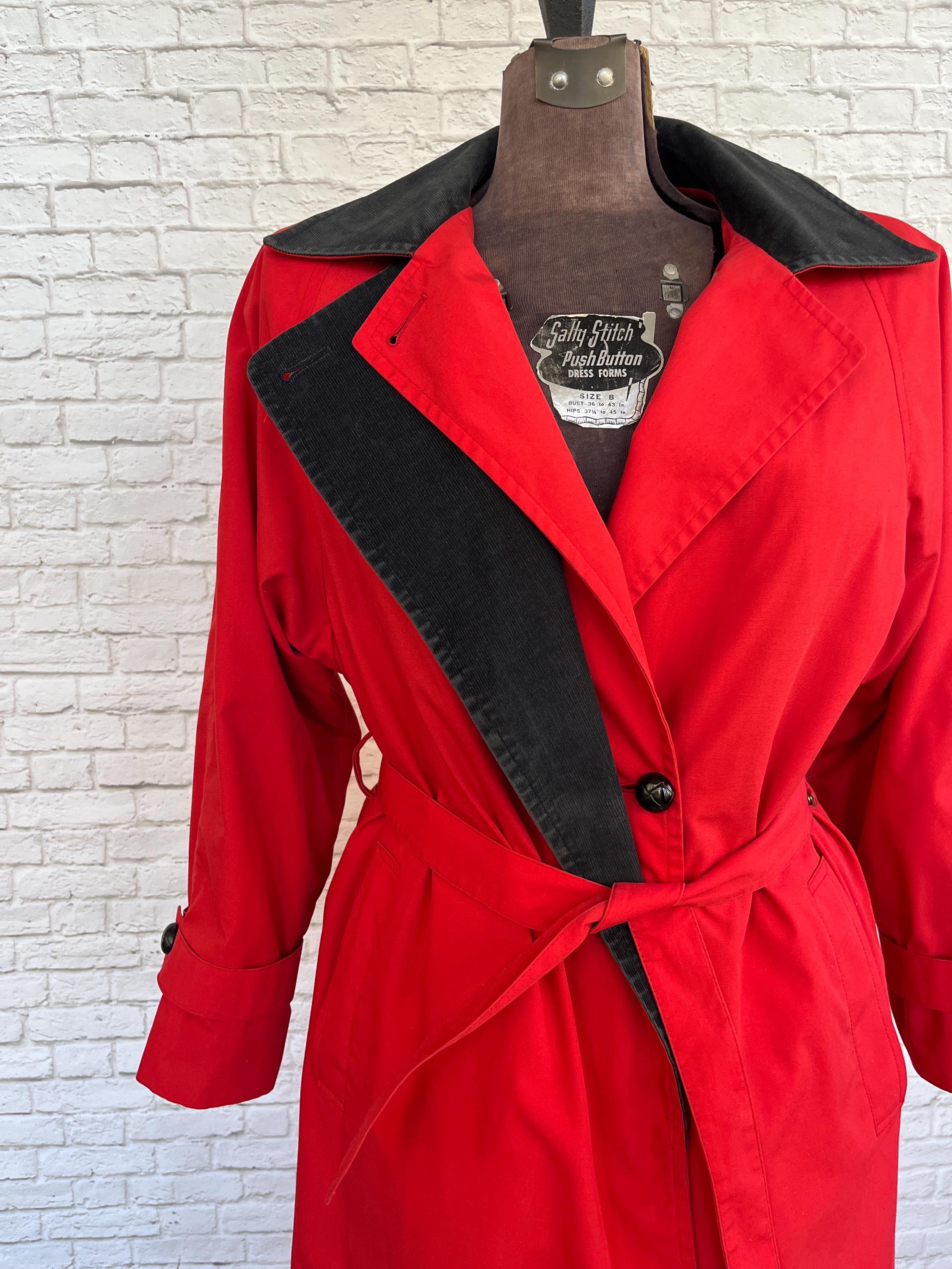 London Fog Red Maincoat, Trench Coat With Black Corduroy Collar