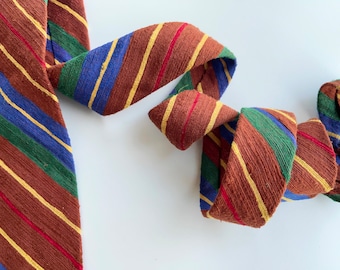 Bert Pulitzer Silk necktie, Brown Blue Green Red Yellow, Primary Colors, Preppy Vintage Tie, Warm Chocolate Brown, textured striped colorful