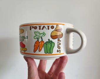 Vegetable Soup Bowl, Vintage Soup Mug, Colorful Soup Bowl, Chicken Soup, Onion, Mushroom, Pea, Celery, Potato, Pop art