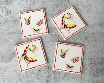 Butterfly Coasters, Colorful Cartoon Butterflies, Vintage Tile Coasters, Playful Butterflies, Hot Pad Trivet, Butterfly Decor,