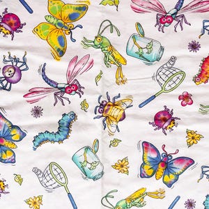 May include: A white background features a pattern of cartoon insects, such as butterflies, dragonflies, and spiders. The insects are depicted in bright colours and playful poses. The design includes flowers and small nets, creating a whimsical feel.