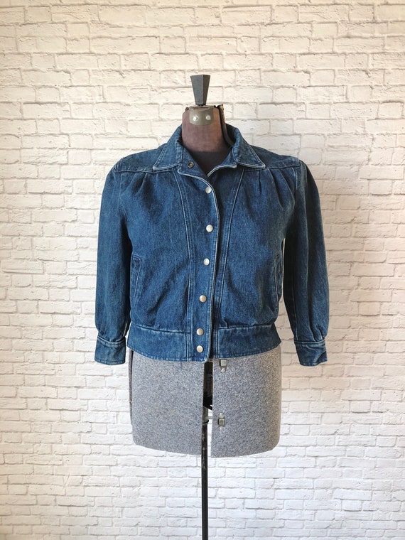 80s Denim Jacket, fitted jean jacket, dark blue w… - image 1