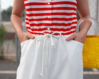 wide leg jumpsuit, nautical jumpsuit, vintage red white stripe jumpsuit, sleeveless stripe romper, drawstring waist jumpsuit, white pants