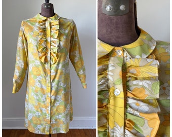 Vintage Shift Dress, Jabot Collar, Vintage Floral Dress, Pastel yellow orange green beige, cascade collar, button up, shirt dress, flower