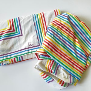 Vera Rainbow Sheets, Full Flat, XL Twin Fitted, Vintage Vera Neumann, Rainbow Stripe Sheets, 1970s 70s, Double Flat Sheet, Rainbow Sheet set