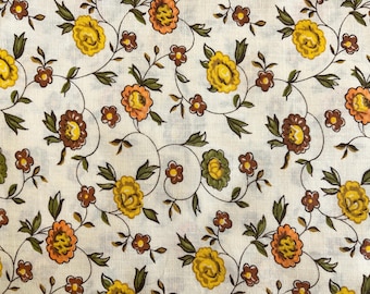 Vintage floral fabric, olive green, yellow orange flowers, cream floral, lightweight fabric, sewing material, dressmaking