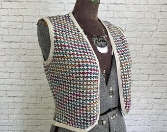 Vintage Regenbogen Weste, Offene Pullover Weste, Lebendige Bunt, Geometrisches Muster, 70er Jahre, Space Dye Dots, Baumwollmischung