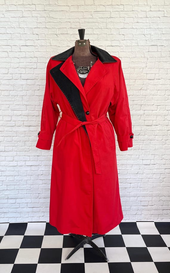London Fog Red Maincoat, Trench Coat With Black Corduroy Collar