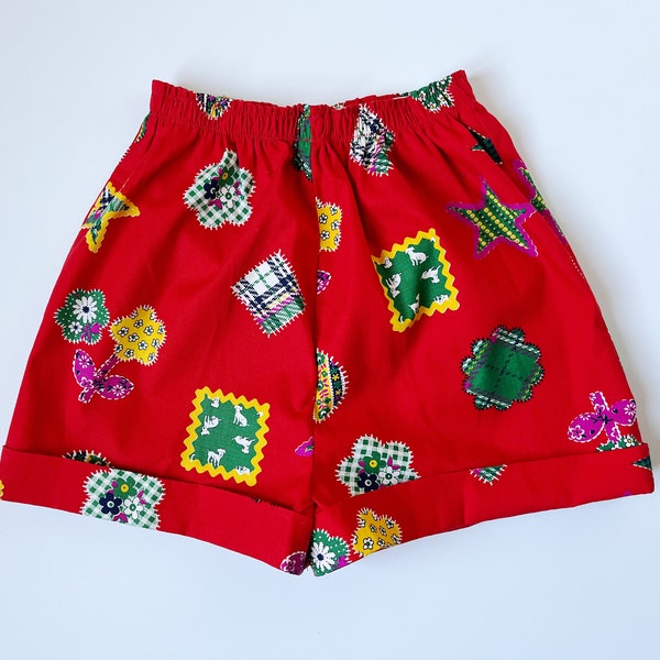 Vintage Shorts, Red Short, Patchwork Print, Flower Pattern, Elastic waist shorts, Funky Vintage Shorts, Unique Shorts, Plaid Pattern, Floral