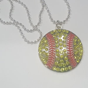 Rhinestone Bling Large Softball Pendant Ball Chain Necklace