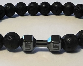 Vintage black tone dumb bell  stretch bracelet natural lava rock bracelet