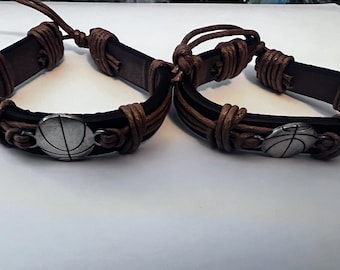 Lot of 2 Brown chord Bracelet w Basketball Charm - unisex Basketball leather & Brown chord Bracelet w Basketball charm