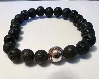 Baseball charm stretch bracelet natural lava rock stretch bracelet